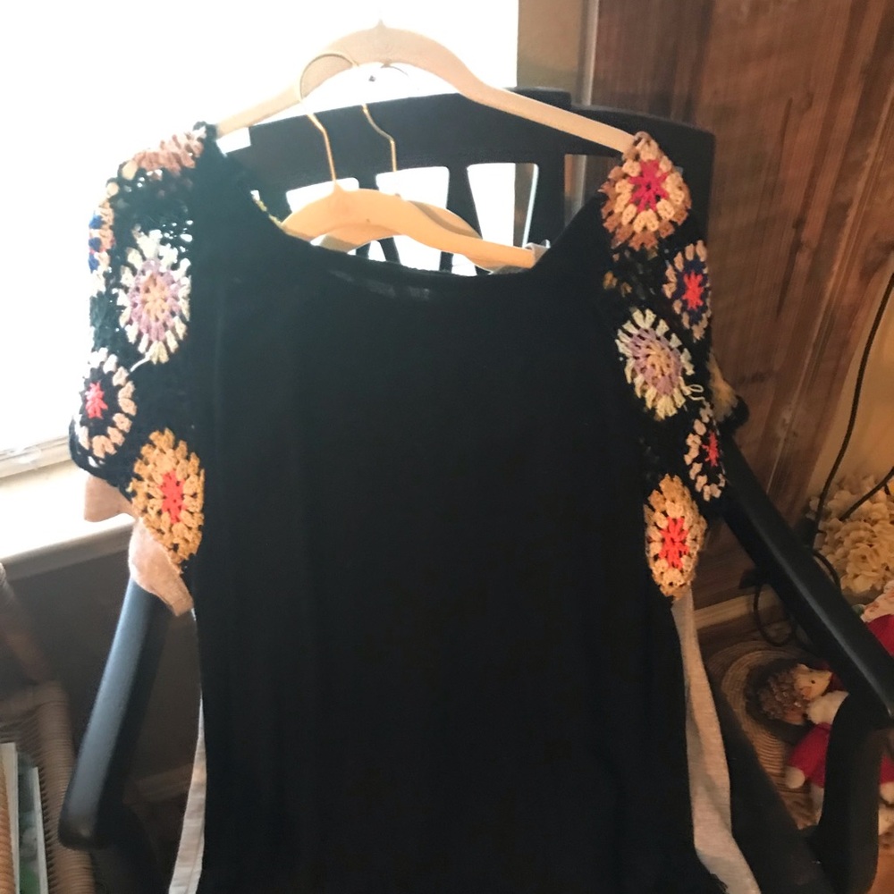 Umgee Black Short Sleeve Tee with Multicolor Crochet Accents